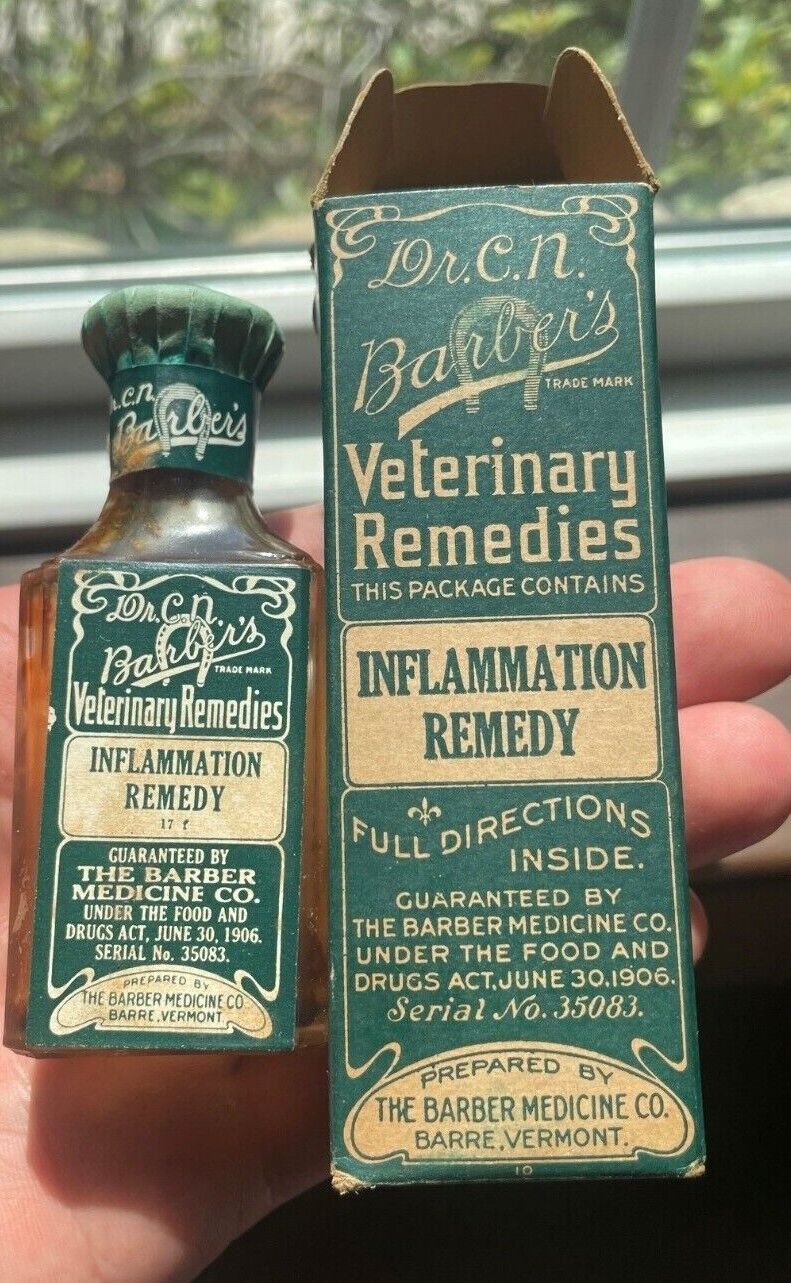 Dr. C.n. Barber’s Inflammation Remedy Veterinary Barre Vermont Vt Bottle & Box