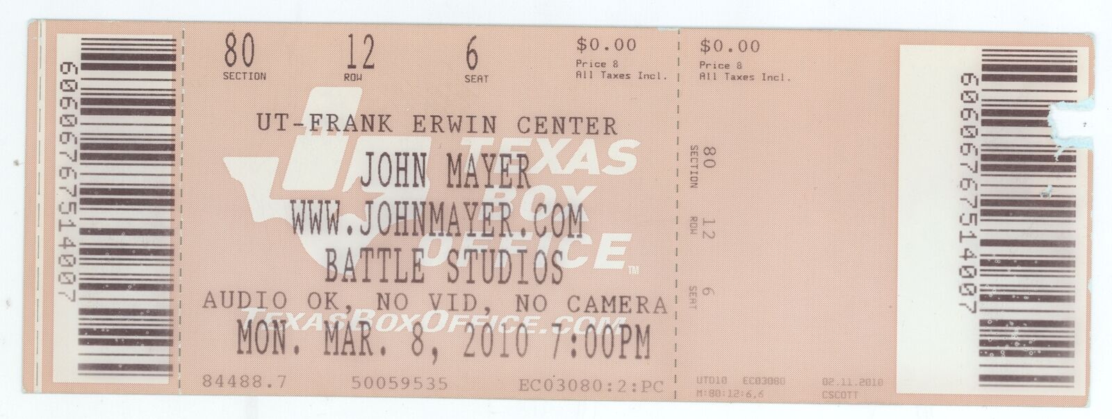 Rare John Mayer 3/8/10 Austin Tx Ut Frank Erwin Center Concert Ticket!