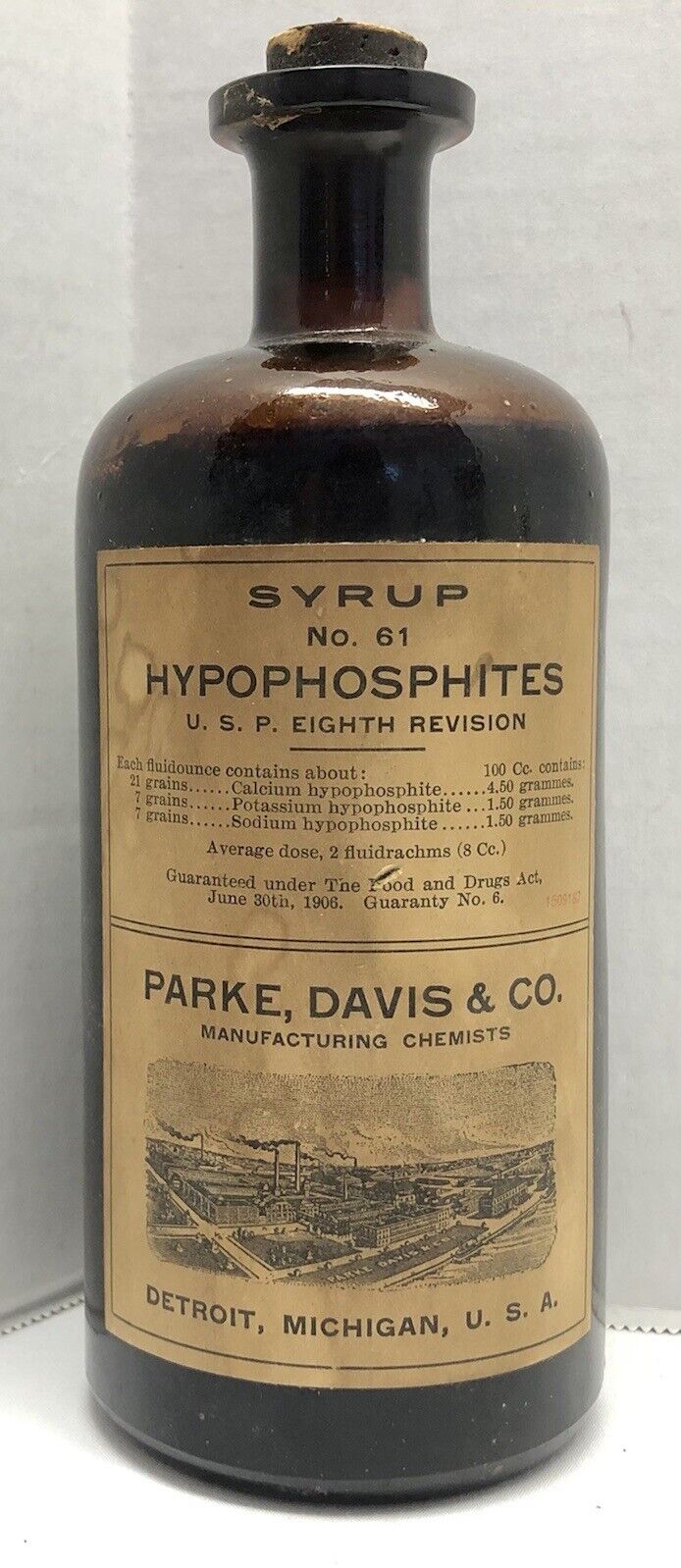 Antique Cork Top Amber Paper Label Sealed Parke Davis Co Medicine Bottle Nice