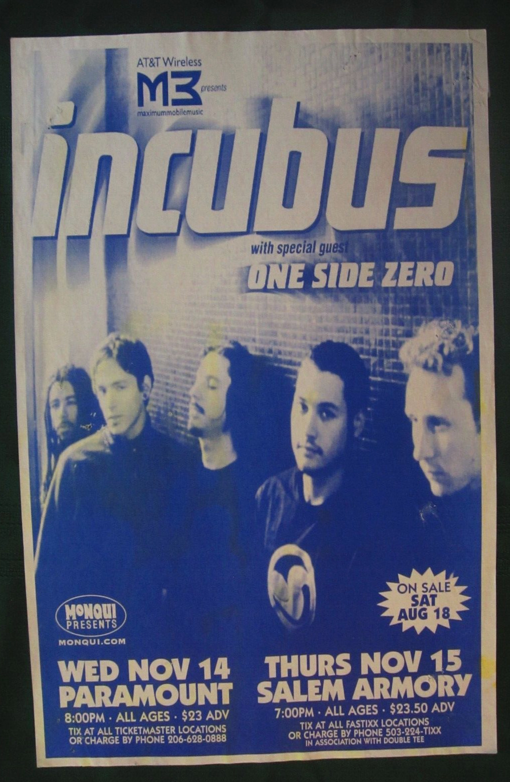 Incubus 2001 Original Concert Show Flyer Poster Seattle Wa And Salem Oregon