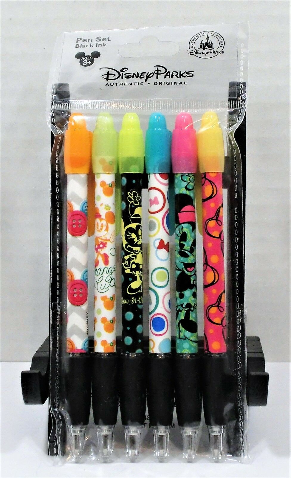 Disney Parks Minnie Mouse 6 Pack Black Ink Pen Set With Rubber Grip New Cute