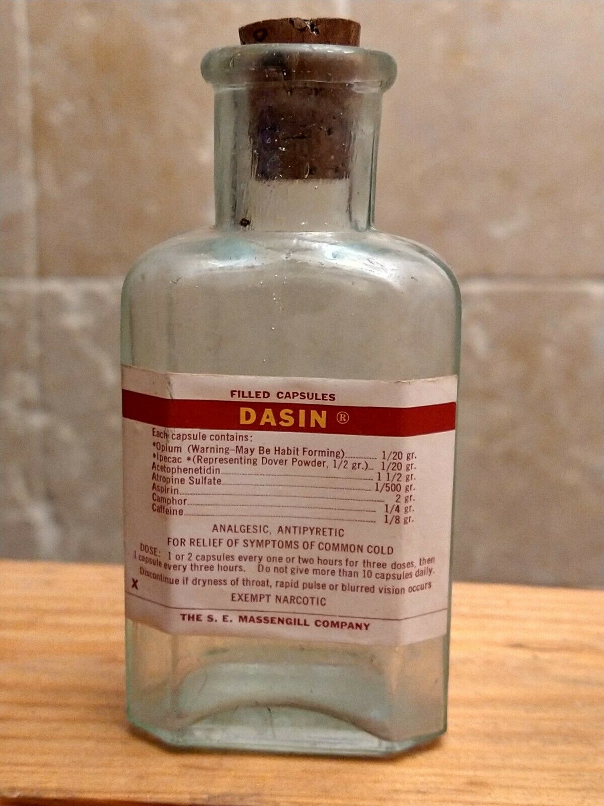 Vintage Medicine Real Applied Label & Bottle, Dasin W/opium, Caffeine, Dover