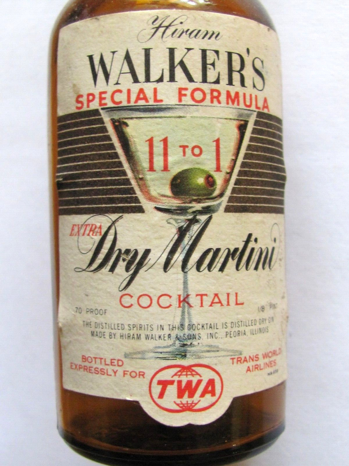 Vtg Hiram Walker Peoria Il Dry Martini Cocktail Mini Liquor Bottle Twa Airlines