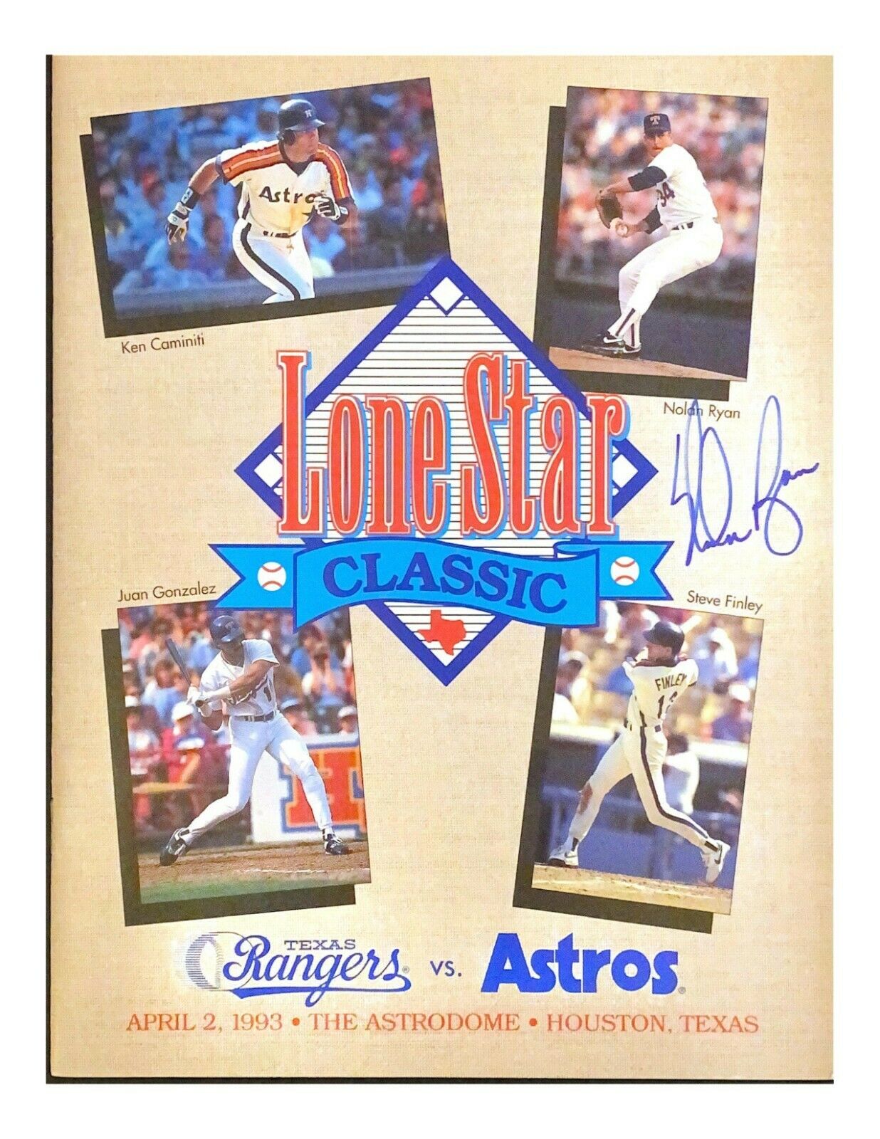 1993 Lone Star Classic Baseball Program Nolan Ryan Signed Cover Texas Rangers