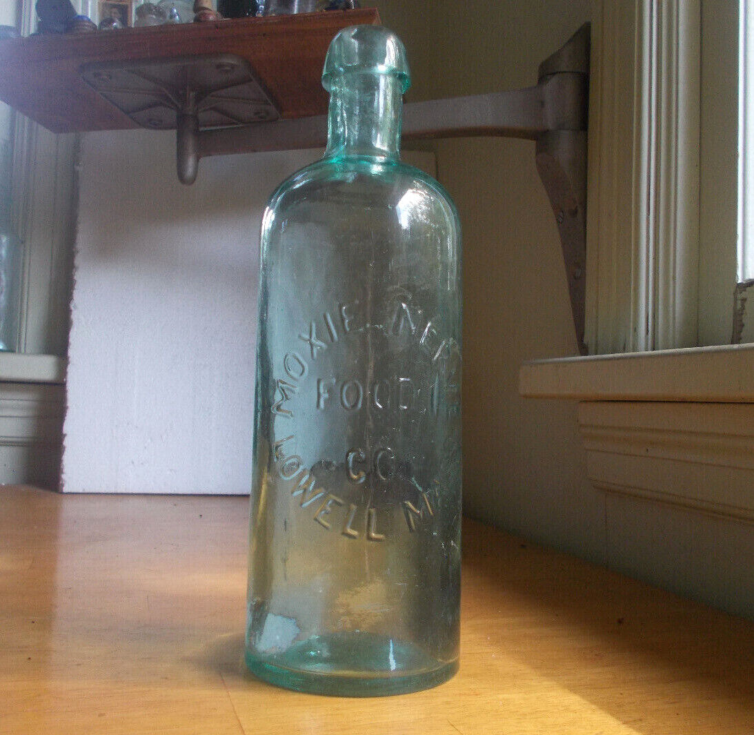 Moxie Nerve Food Co Lowell Mass Rare Circular Embossing 1880s Bottle Tapered Lip
