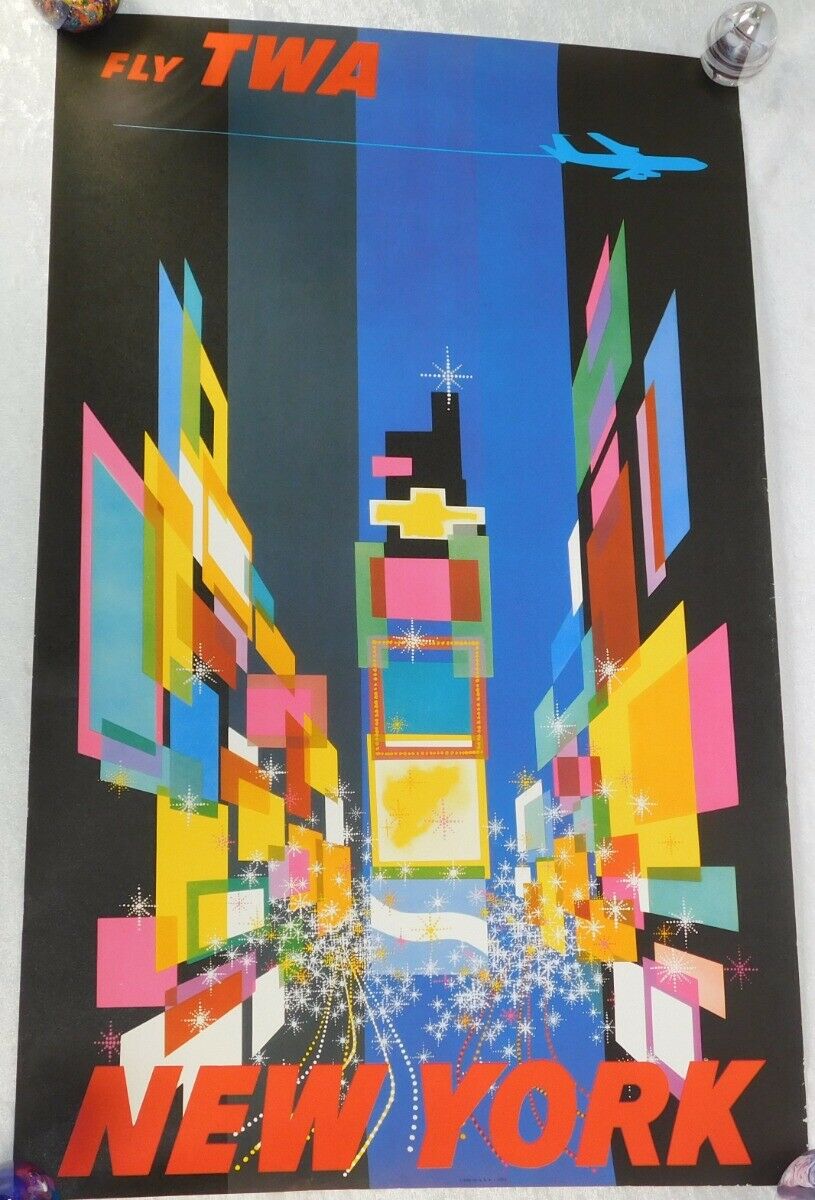 Vintage 1958 Fly Twa Airlines New York Time Square David Klein Travel Poster